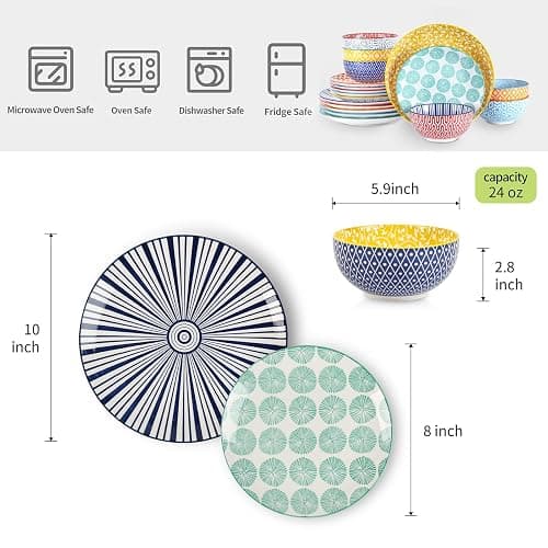 Selamica Ceramic Dinnerware Sets for 6, 18 Pieces Plates and Bowls Set, Scratch Resistant Dishes Set, Dishwasher&Microwave Safe, Assorted Colors thumbnail 3