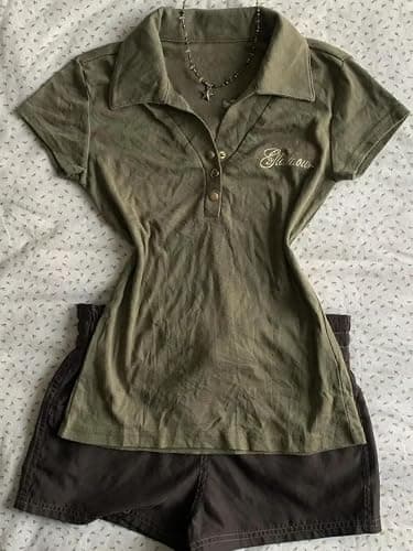 Y2k Grunge Polo Collared Shirts Women Button Down Crop Top 2000s Emo Vintage Streetwear Summer thumbnail 3