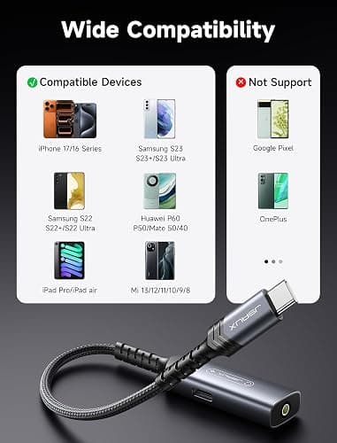 JSAUX USB C Headphone Adapter and Charger, 2-in-1 Type to 3.5mm Audio with PD 60W Fast Charging for iPhone 16 Pro/16 Pro Max/16/16 Plus/15 Pro Max/15 Pro,Samsung S24/S24+/S23/S22/S21,iPad Pro-Red thumbnail 7