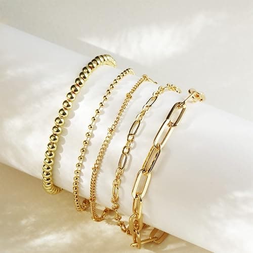 DEARMAY Waterproof Gold Plated Bracelets Set for Women Trendy, Dainty 14K Gold Jewelry Fashion Stackable Tennis Beaded Figaro Herringbone Paperclip Link Bracelet Pack Stack Gifts for Women thumbnail 4