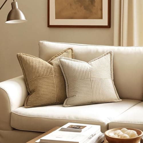 MIULEE Decorative Throw Pillow Covers for Couch Bed Livingroom 18x18 Inch Set of 2 Beige Boho Accent Throw Pllows Broadside Striped Patchwork Soft Corduroy Pillowcases thumbnail 3