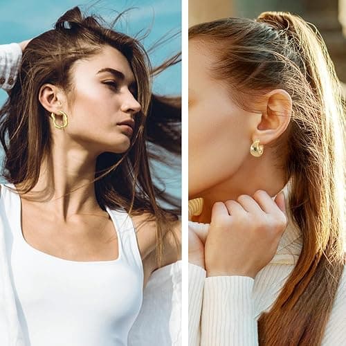 JeHwuel 6 Pairs Gold Hoop Earrings Set for Women, 14K Gold Plated Huggie Chunky Earring Variety Pack, Hypoallergenic Thick Jewelry Gift thumbnail 4