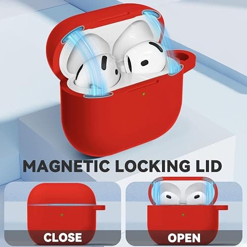 Ljusmicker for AirPods 4 Case 2024 with Magnetic Lid Lock,Soft Silicone Protective Cover for Apple AirPods 4th Generation Cases with Cleaner Kit,AirPod 4 Case Cover with Keychain for Women Men-Red thumbnail 3