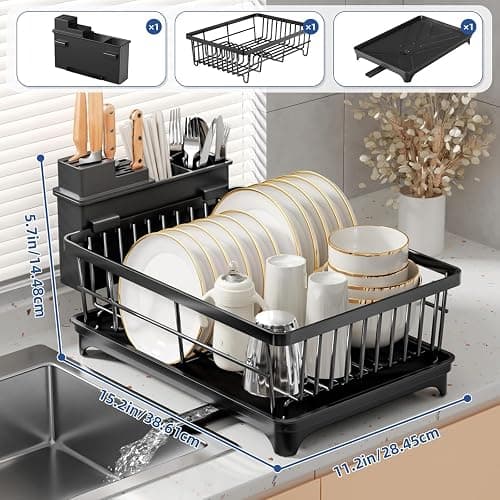 PurKeep Dish Drainer Rack - Space-Saving Dish Rack with Utensil Holder for Kitchen Counter, Large Capacity Dish Drying Rack with Draining Board, Black thumbnail 2