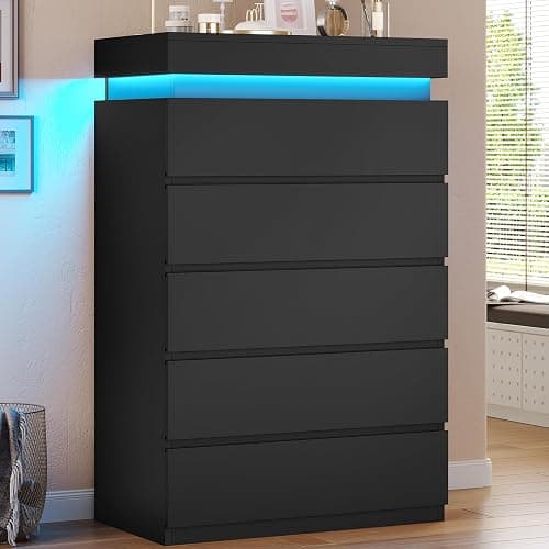 HAUOMS Tall 5 Drawer Dresser with LED Light, Black Modern Chest of Drawers for Bedroom,Closet Dressers with Drawers for Living Room, Entryway, Hallway thumbnail 7