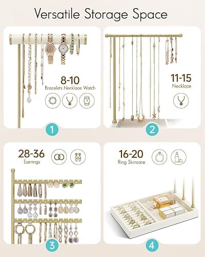 Vlando Jewelry Stand Organizer with Ring Holder, Jewelry Holder Organizer with Tray, Necklace Bracket Earring Holder - Cloud White thumbnail 4