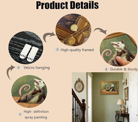 Gold Framed Funny Opossum Canvas Wall Art Humor Opossum Painting Picture Wall Decor Quirky Animal Poster Print Artwork for Living Room Bedroom Home Office Decroation 9x11in thumbnail 8