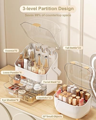 Makeup Organizer with Lipstick Holder, Skincare Organizers Storage Box Cosmetic Display Cases, Teen Girl Gifts Make up Organizers for Vanity, Dresser, Countertop, Bathroom(Rose Gold) thumbnail 5