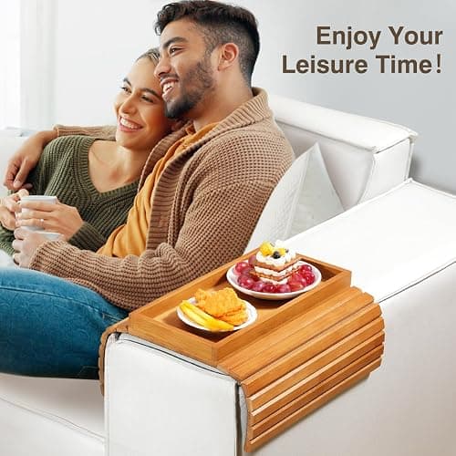 Kssiaz Couch Arm Tray, Bamboo Sofa Tray Table for Couch, Sofa Armrest Table, Anti-Slip Armrest Organizer, Foldable Couch Cup Holder for Snacks, Phone, Control, Cups, Light Brown thumbnail 7