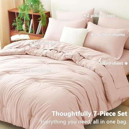 CozyLux Queen Comforter Set Blush Pink, 7 Pieces Bed in a Bag Queen Comforter Set with Sheets, Bedding Sets with Down Alternative Comforter, Fitted Sheets, Flat Sheets, Pillow Shams and Pillowcases thumbnail 6