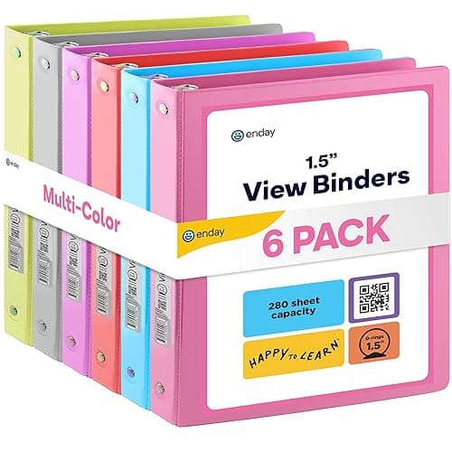 3 Ring Binder, 1.5 Inch Clear View Cover with 2 Inside Pockets Binder, Colored School Supplies 1 ½ Inch Round Ring Binders, in Pink, Red, Blue, Purple, Green, and Grey, Multicolor (6 PC) – by Enday - 1.5-Inch - 6 - Multicolor