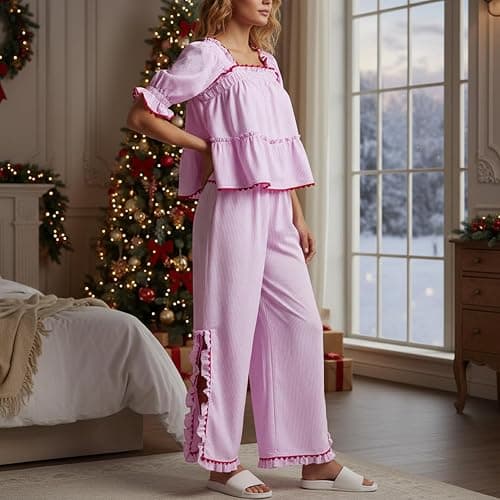 Bocymolay Women Christmas Red Plaid Pajamas Set Gingham Short Sleeve Babydoll Shirt Ruffle Pants 2 Piece Pj Loungewear thumbnail 5