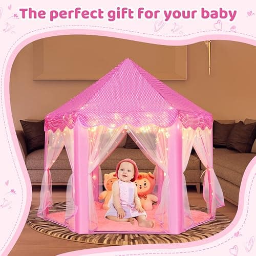 Monobeach Princess Tent Girls Large Playhouse Kids Castle Play Tent with Star Lights Toy for Children Indoor and Outdoor Games, 55'' x 53'' (DxH) (Pink Princess Tent with Play Mat) thumbnail 3