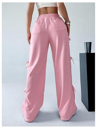 Verdusa Women's Baggy Sweatpants Elastic Waist Casual Bow Wide Leg Pants with Pocket Y2K Going Out Travel Pants thumbnail 2