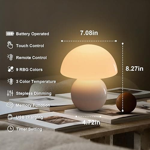 KARTOOSH Cordless Cute Mushroom Lamp with Remote Control, Cordless Lamps for Tables, 9 RGB, 3 Color Temperature, Stepless Dimmable, Timer, Memory, Unique Aesthetic Home Decor for Living Room (White) thumbnail 8