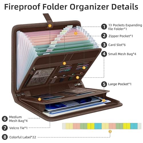 Fireproof Accordion File Organizer, Portable Expanding File Folder with Waterproof Zipper&Labels, Brown Document Organizer with 13 Pockets, File Organizer for Important Document/Paper Storage thumbnail 6