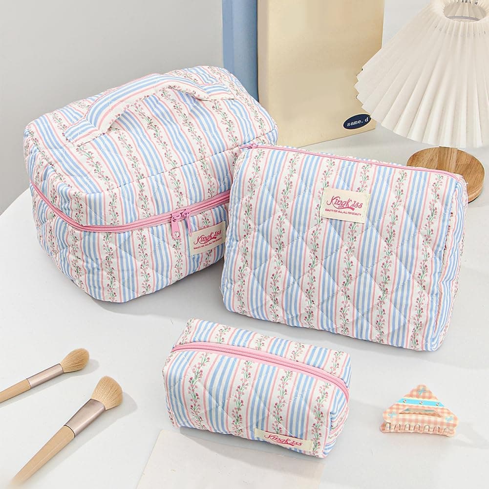 Quilted Makeup Bag Set for Girls Women - 3Pcs Cute Floral Cotton Makeup Bag, Large Aesthetic Floral Cosmetic Bags Coquette Flower Travel Toiletry Organizer for Daily thumbnail 4