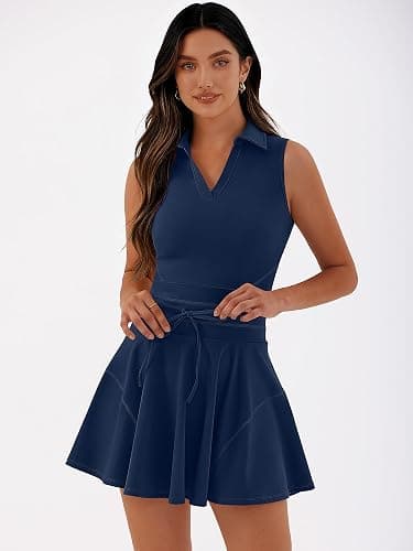 Caracilia Women's 2 Piece Tennis Dress Set-Polo Neck Sleeveless Mini Dresses with Shorts,Golf Casual Workout Athletic Sports thumbnail 4
