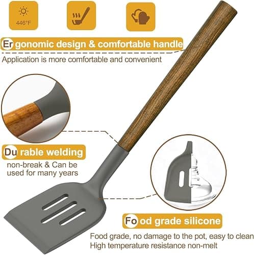 Non-Stick Silicone Kitchen Utensils Set with Natural Acacia Hard Wood Handle, Umite Chef 8 Pieces Kitchen Spatulas set, White, BPA Free, Baking, Serving and Cooking Utensils - White thumbnail 8