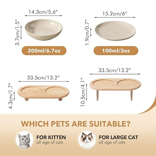 Havniva Raised Ceramics Wide Whisker Friendly Cat Dishes, Food& Water Bowl with 2 Style Stand Adjustable Anti-Choking Raised Pet Bowl Set, Anti Whisker Fatigue(2Dish+2Shallow Dish+Stand thumbnail 2