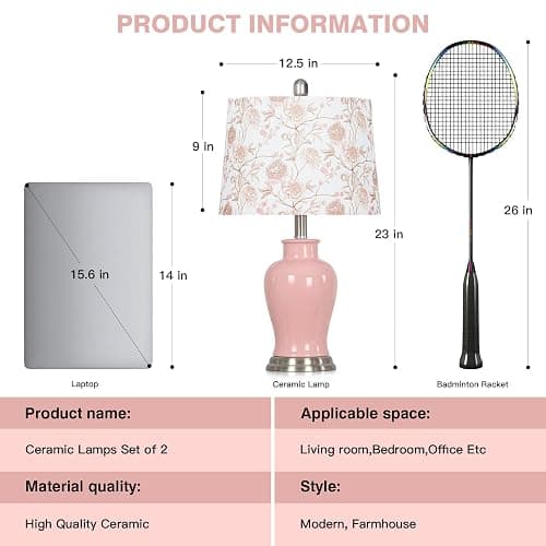 Ruzectt Pink Ceramic Table Lamp with Flower Lampshade, 23" Cute Bedroom Lamp with Ginger Jar Design, Modern Living Room Lamps Set 2, Elegant Bedside Lamps for Nightstand End Table Home Decor thumbnail 2
