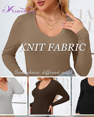 Yearntown 5 Pack Women's Long Sleeve Shirts, V Neck Knit Slim Fitted Tops Basic Solid Casual Tees Fall Winter Tight T Shirts thumbnail 5