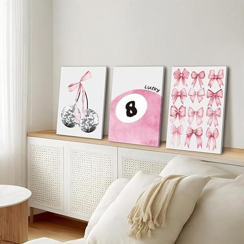 Trendy Pink Bows Wall Art Set of 3 Coquette Preppy Cherry Wall Decor Light Pink Cute Girly Lucky 8 Ball Canvas Poster Prints Aesthetic for College Dorm Living Room Bedroom Framed 12x16 Inch thumbnail 4
