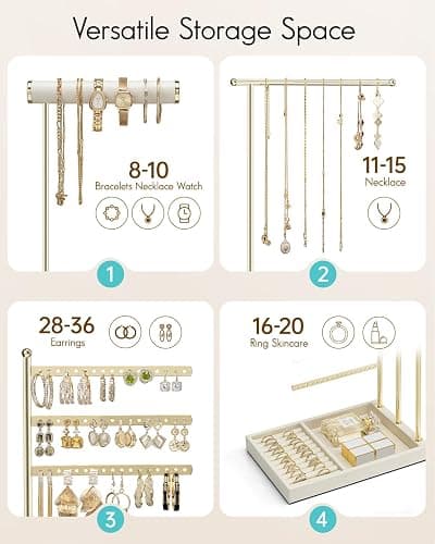 VLANDO Jewelry Stand Organizer with Ring Holder, Mothers Day Mom Gifts, Jewelry Holder Organizer with Tray, Necklace Holder Bracket Holder Earring Holder - Cloud White thumbnail 5