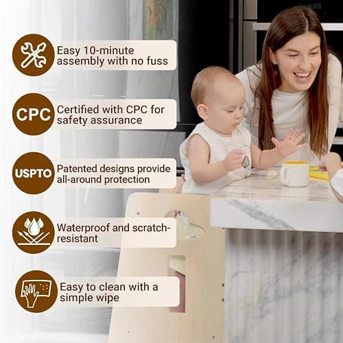 COSYLAND Toddler Standing Tower Adjustable Height - Super Stable Kids Kitchen Stool Helper with Protive Panel - 3 Levels Adjustable Wooden Toddler Kitchen Stool (All Natural) thumbnail 6