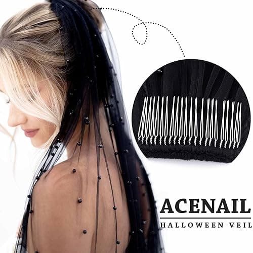 Acenail Black Veil Brides Wedding Long Pearl Mourning Funeral Lace Bridal Halloween Veil - Pearl thumbnail 2