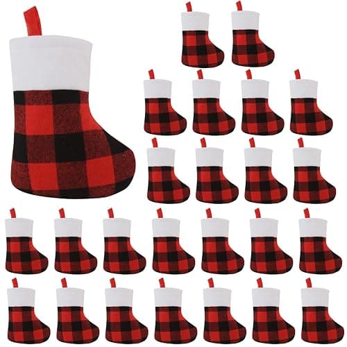 CCINEE 24 Pack Mini Christmas Stockings, 7” Red and Black Buffalo Plaid Xmas Stocking with Plush Cuff Small Hanging Stocking Decoration for Holiday Home Wall Fireplace Christmas Tree Decor - Image 1