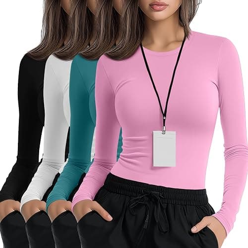 Xaatren 4 Pack Women's Underscrub Shirts Long Sleeve Nurse Cotton Blend Crewneck Slim Fit Tops Soft Stretchy Basic Tee - Image 1