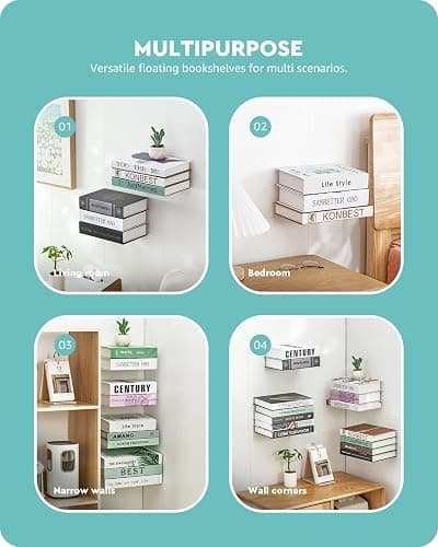Baffect Invisible Floating Bookshelves, Set of 4 Concealed Drilling Mounted Bookshelves, Heavy-Duty Metal Book Organizers for Bedroom (White) thumbnail 4
