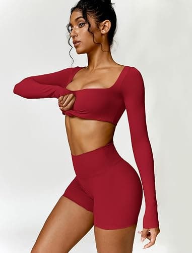 ABOCIW Workout Sets for Women 2 Piece Square Neck Long Sleeve Crop Tops High Waist Biker Shorts Gym Sets thumbnail 4