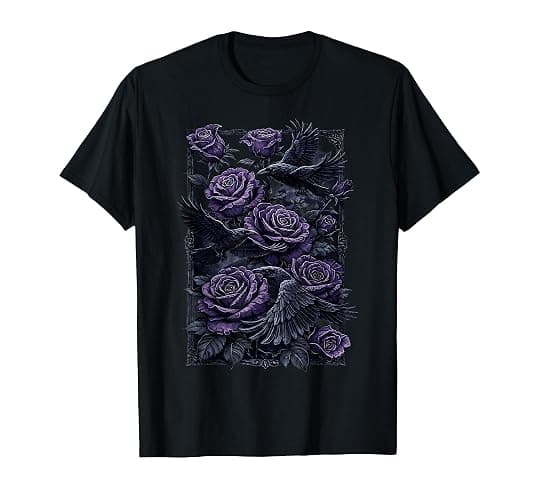Purple Roses and Ravens Flower Gothic Vintage Gardening Art T-Shirt - Image 1