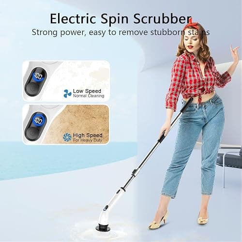 TUYU Electric Spin Scrubber, Full-Body IPX7 Waterproof Bathroom Scrubber with Power LCD Display, Adjustable Extension Handle, Cordless Shower Cleaner Brush for Bathtub Kitchen Wall Cleaning thumbnail 2