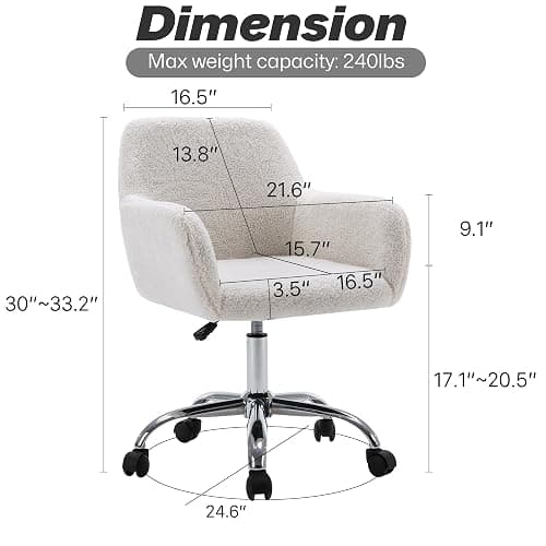 KCC Faux Fur Vanity Makeup Desk Chair, Comfy Fluffy Swivel Modern Leisure Armchair with Wheels, Upholstered Fuzzy Height Adjustable for Teens Women Girls Elegant Home Office thumbnail 3