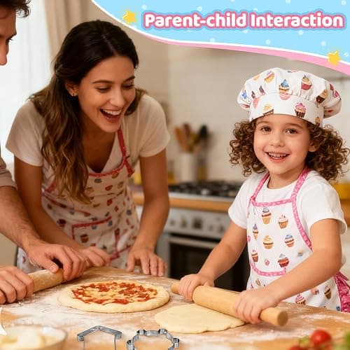 MEIDAYAI 2 Pcs Kid Apron and Chef Hat Set, Adjustable Childrens Cooking Baking Outfit, Pretend Play Dress Up Costume for Toddlers 3-8, Birthday Xmas Gift (White) thumbnail 6