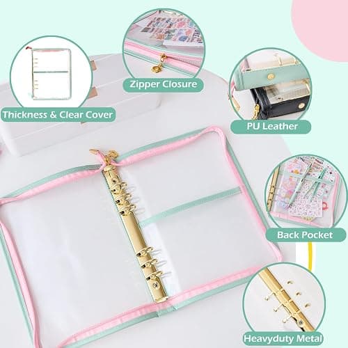 A5 Sticker Collection Organizer Binder kit large capacity (65 sheet), PU leather clear sticker storage book album with zipper closure,double-sided Collecting for journal scrapbook planner (Green) thumbnail 3