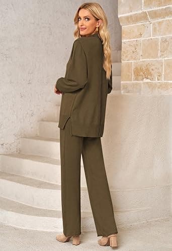 Viottiset Women's 2 Piece Outfits Sweater Set Wide Leg Pants High Neck Sweatsuit Loungewear thumbnail 7