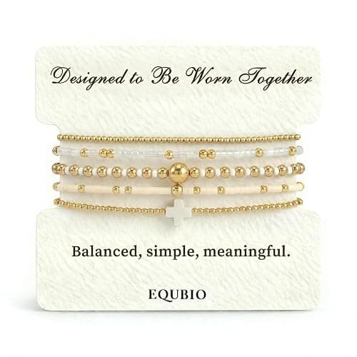 EQUBIO 14K Gold Plated Beaded Cross Bracelet Set for Women, 5Pcs Dainty Stackable Layered Bracelets, Hypoallergenic Non Tarnish Adjustable Chain, Y2K Jewelry Christian Easter Gifts for Friendship - Image 1