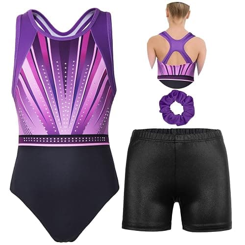MODAFANS Gymnastics Leotards for Girls With Shorts Tumbling Dance Combined Racerback Activewear 4-13Years - 12-13 Years - Purple-black Diamond Set - Image 1