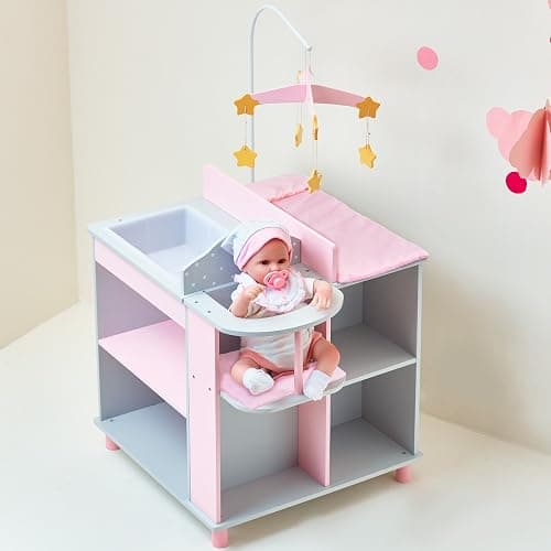 Olivia's Little World 6-in-1 Wooden Baby Doll Changing Station with Crib, Changing Table, High Chair, Double-Door Closet, Sink and Washing Machine, Multicolored thumbnail 8