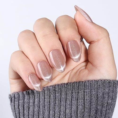 WiniBeauty Cat Eye French Tip Press On Nails - Nude Short Almond Fake Nails | Nude Cateye Press On Nails Reusable Stick On Nails in 16 Sizes, 32pcs False Nail Kit for Women & Girls thumbnail 2