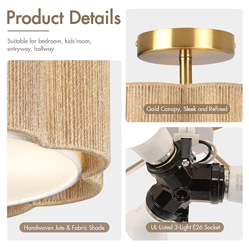 HILUXIA Boho Rattan Ceiling Light Fixture, 3-Light Semi Flush Mount Woven Ceiling Lamp with Gold Canopy, Dimmable Floral Wicker Ceiling Light for Bedroom Dining Room Kitchen Hallway Entryway Foyer thumbnail 4