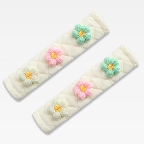 Amooca Soft Auto Seat Belt Cover Seatbelt Shoulder Pad Cushions 2 PCS for a More Comfortable Driving Universal Fit for All Cars and Backpack Off-White Knitted Flower (Green & Pink) thumbnail 7