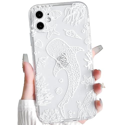 NITITOP Compatible with iPhone 11 Case Clear Cute Shell Whale Sea Ocean Animal Pattern for Women Girls Full Camera Lens Slim Shockproof Protective Phone Cover - White Fish - Image 1