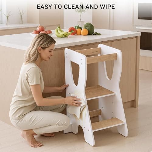 COSYLAND Toddler Standing Tower - Adjustable Height Toddler Kitchen Stool Helper - Kids Kitchen Step Stool for Learning with Handle White & Natural thumbnail 6