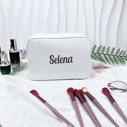 GOPHIE Personalized Embroidered Makeup Bag,Custom Waffle Fabric Cosmetic Pouch for Women, Travel Makeup Pouch (1, White) thumbnail 5