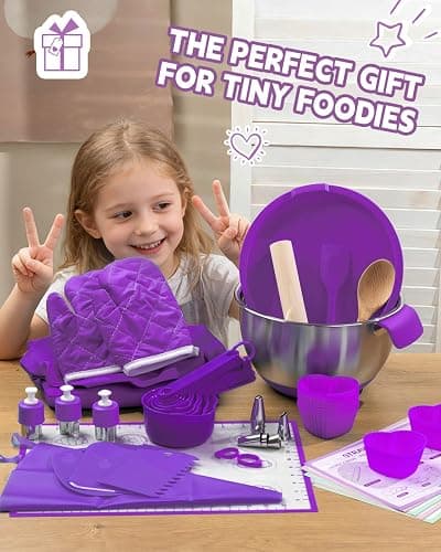 Kids Baking Set–Real Cooking Set for Kids with Kids Cooking Utensils & Kitchen Accessories, Measuring Tools & Baking Supplies,Great Gift for Pretend Play & Montessori Learning (Purple) thumbnail 2